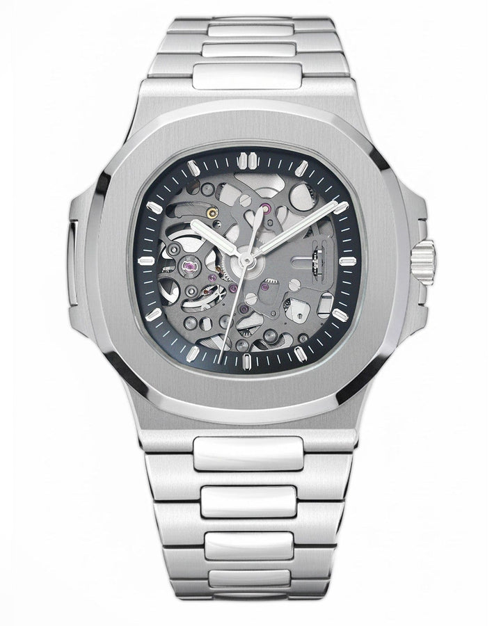 Seiko Mod Nautilus 40mm Skeleton Watch – Silver finish, brushed stainless